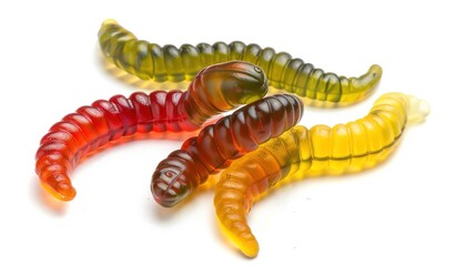 Gummy Worms and Candy on White Background - A Sweet and Colorful Confectionery Display. The Delightful Gummy Worms and Assorted Candies on the Plain White Background, with Their Bright Colors and Temp