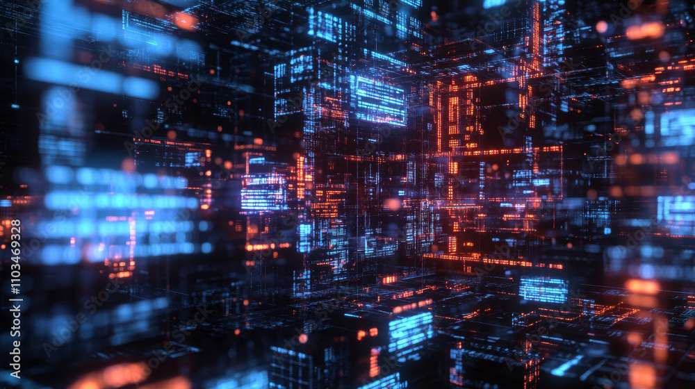 Poster abstract blockchain on technology futuristic background. blue-purple linked blocks contain cryptogra