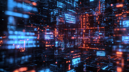 Obraz premium Abstract blockchain on technology futuristic background. Blue-purple linked blocks contain cryptography hash and transaction data. Distributed data storage environment. Low poly wireframe modern style