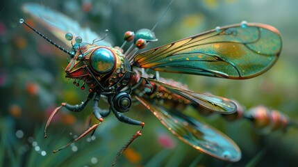 Fototapeta premium A vibrant, futuristic insect with metallic features amidst a colorful natural background.