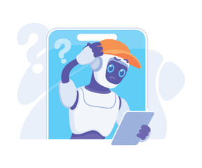 Robot Character Think Scratch Head as Smart Android Assistant Machine Vector Illustration