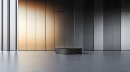 Modern minimalist interior with a black cylindrical platform in front of a wall with metallic gold and gray panels.  Bright light illuminates the space.
