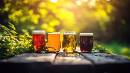 Four Craft Beers on Rustic Wooden Table, Outdoors in Natural Sunlight, Representing Sustainable and Carbon-Neutral Beverage Production Methods.