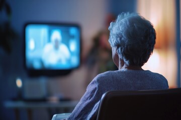 Elderly woman is sitting in a chair in front of a television