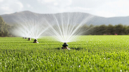Automatic sprinkler watering green grass on golf course or football field