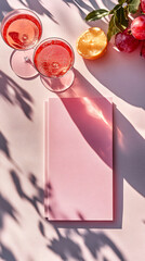 Pastel Pink Drinks Menu Showcasing Cocktails and Champagne on a Light Pink Table