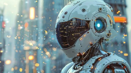 Fototapeta premium A futuristic robot with a sleek helmet in a high-tech urban environment.
