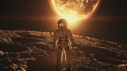Obraz premium Astronaut standing on the moon, gazing at a massive sun in a cosmic landscape.