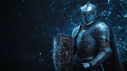 Fototapeta premium Knight shield on a laptop background. Abstract Low poly wireframe illustration. Polygonal isolated protect internet data concept consisting of points and lines. 3D vector security concept. 