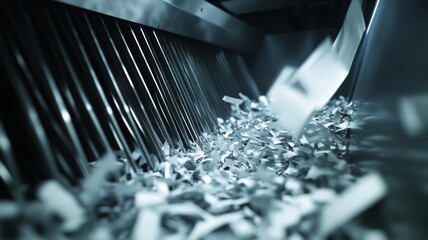 A pile of shredded paper is being fed into a shredder. The shredder is full of shredded paper and the shredding process is in progress