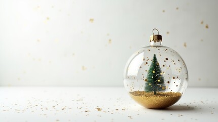 Glass Christmas Ornament With Miniature Tree Inside And Gold Glitter Accents