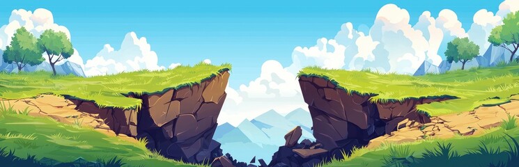 A Scenic View of a Gap Between Two Cliffs with Green Grass and Blue Sky