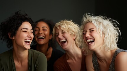 Obraz premium Group of women sharing laughter and joy in a cozy indoor setting during a casual gathering in the afternoon