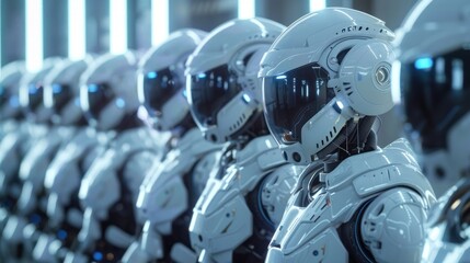 Fototapeta premium A lineup of futuristic robots in sleek white armor, showcasing advanced technology.