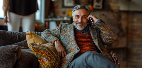 Happy man relaxing on sofa talking on phone