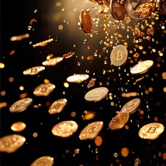 The background gold coins are pouring, Black background.