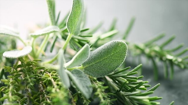 Aromatic herbs over gray background. Thyme, rosemary, sage salvia fresh green leaves for cooking. Aromatherapy oils ingredients. Close up 