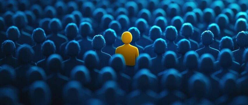 individuality, uniqueness, isolation, concept of standing out in a crowd with a single yellow figure among a sea of dark silhouettes