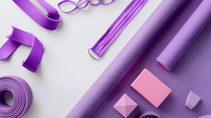 Flat lay from yoga equipment. Purple mat, blocks, and belt on light background.