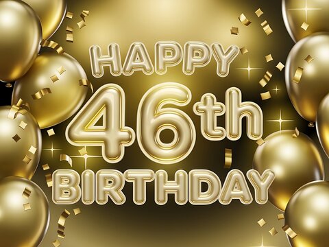 Happy 46th Birthday with a vibrant gold balloon backdrop.