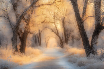 Obraz premium A tranquil forest pathway lined with frost-covered trees and shimmering branches. Captures the essence of a magical winter stroll