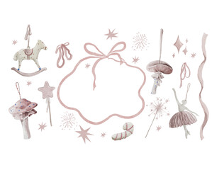 Watercolor hand-drawing set of little fairy toys. Pink vintage princess decor with frame, stars, bow, ribbon, mushrooms for girl baby shower, card design, birthday invitation, party celebration