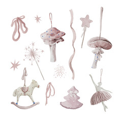 Watercolor hand-drawing set of little fairy toys. Pink vintage princess decor with stars, bow, ribbon, horse, mushrooms for girl baby shower, card design, birthday invitation, party celebration