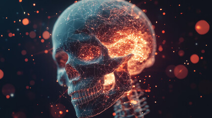 Vector isolated human skull with pain center. Headache Low poly wireframe and points. Polygonal white brainpan on dark background. Medicine concept with geometry triangle. Abstract mash line origami