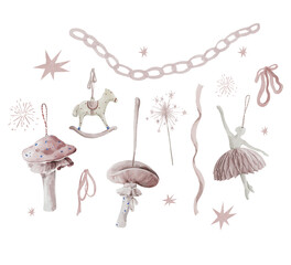 Watercolor hand-drawing set of little fairy toys. Pink vintage princess decor with stars, bow, ribbon, garland, mushrooms for girl baby shower, card design, birthday invitation, party celebration