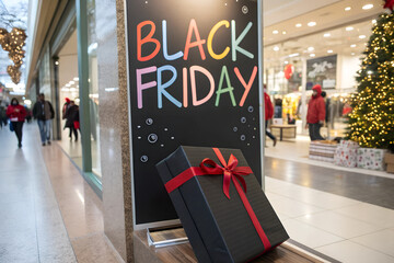 Black Friday Sale Board with Mini Shopping Cart, Star Confetti, and Festive Sale Tags on Red Background