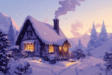 Naklejka premium A cozy winter cottage with a snow-covered roof, warm glowing windows, and smoke rising from the chimney. Perfect for a winter retreat