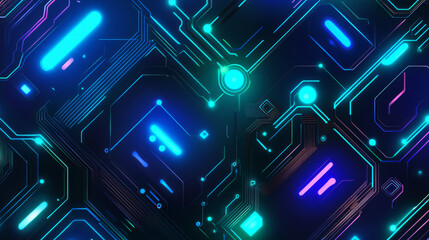 AI semiconductor on circuit tech background. AI chip light neon effect. Technology digital bg. Abstract horizontal banner. Artificial Intelligence concept. Blue-green futuristic vector illustration.