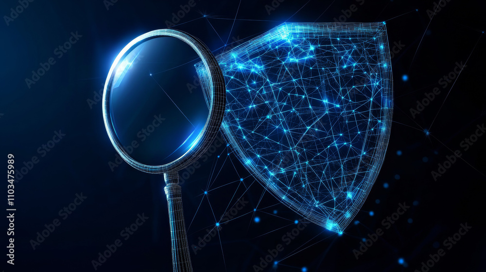 Wall mural inspections system. magnifying glass and knight shield. security. check and protection. glitch low-p