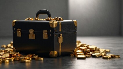 Case full of gold. Minimal abstract business and wealth concept. Copy space.