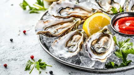 Fresh Oysters on Ice with Lemon and Cocktail Sauce 