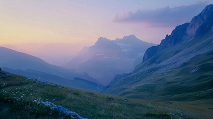 Fototapeta premium Peaceful evening view of mountains and a hazy landscape from Giau Pass.