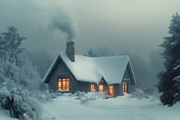 A cozy winter cottage with a snow-covered roof, warm glowing windows, and smoke rising from the chimney. Perfect for a winter retreat