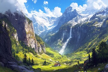 Naklejka premium Lauterbrunnen Valley: Captivating Swiss Landscape of Mountains, Waterfalls and Forests