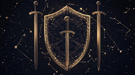 Polygonal Shield and Swords isolated on dark background. Protect and secure concept. Low poly vector illustration of a starry sky or Comos. Digital images consists of lines, dots and destruct shapes.