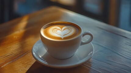 A coffee cup with heart-shaped latte art.