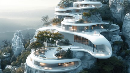 White futuristic digital map of the hills, luxury mansions below, room for address on the top. Aerial high view.