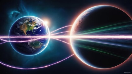 Obraz premium Vibrant cosmic scene featuring Earth and a distant planet with light beams.