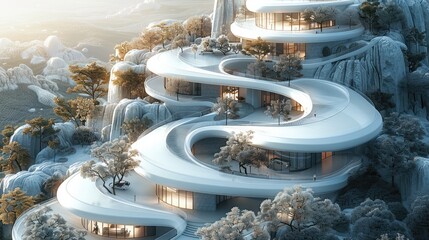 White futuristic digital map of the hills, luxury mansions below, room for address on the top. Aerial high view.