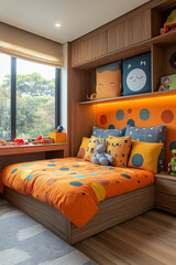 chambre à coucher enfants garçon, coloré, lit douillet, intérieur 3D réaliste, décoration, tendance, architecte, design, mode, confortable, coloré, fun 