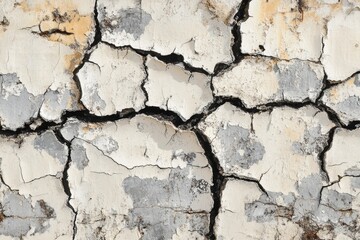 A cracked and crumbling wall with a grey and white color scheme