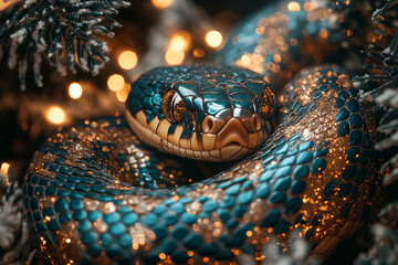 Fototapeta premium A kind green snake curling around a sparkling champagne bottle, celebrating the arrival of 2025.