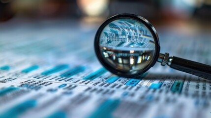 A magnifying glass focuses on a detailed document filled with data and charts.