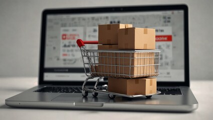 Miniature shopping cart with boxes on laptop. Holidays, discounts and online shopping concept. Copy space.