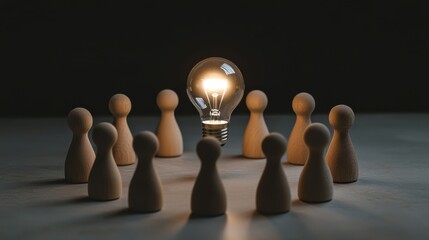 Wooden figures in circle around glowing lightbulb, symbolizing ideas and collaboration. warm light creates inviting atmosphere