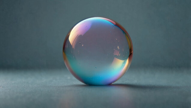 Floating Bubble: A single translucent soap bubble with a pastel iridescence, suspended against a pale blue background for a dreamy effect. Copy space.